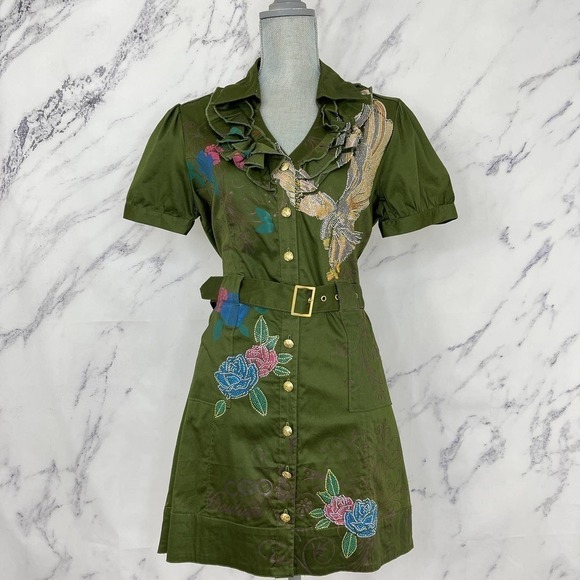 COOGI | Couture Embellished Floral Belted Button-Up Mini Dress | Sz XL - Picture 1 of 13